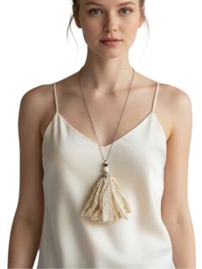 Hand Crafted Cream India Silk Tassel Pendant Necklace NWT Boho Chic
